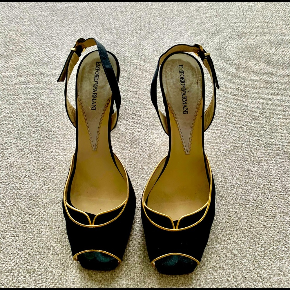Emporio Armani Black & Gold Peep-Toe Slingback Heels